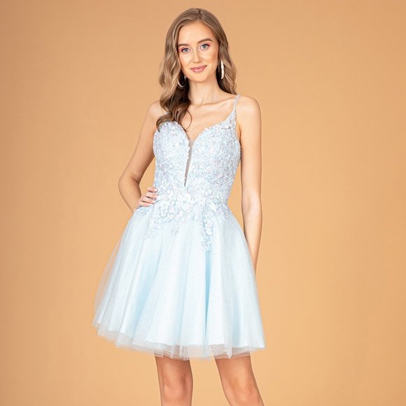 NEW  Blue Spaghetti straps 3-D Flower Jewel Mesh Short Babydoll Dress GS3094 - Picture 1 of 6